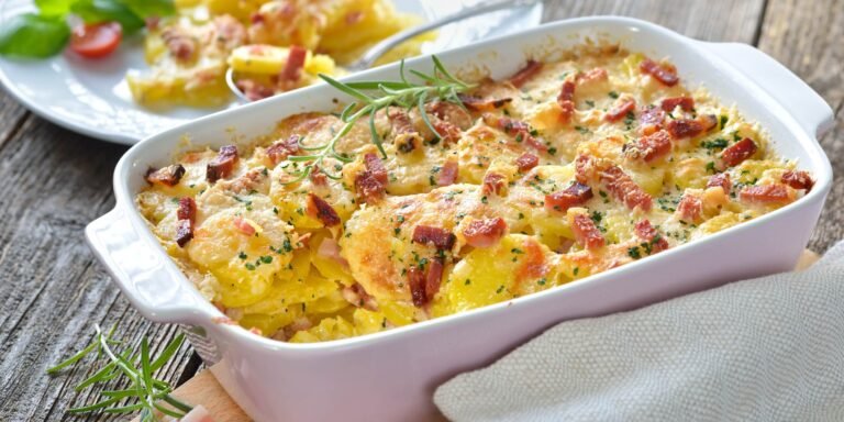 Paruoštas bulvių apkepas su kumpiu ir šonine