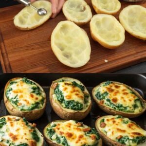 Špinatais ir feta įdarytos keptos bulvės